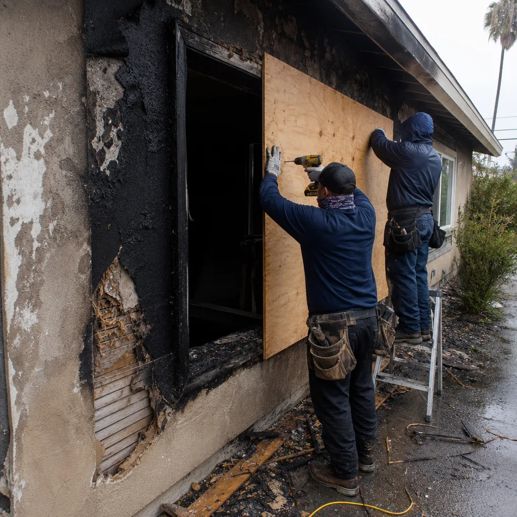 Technicians boarding up window at fire damaged home during restoration