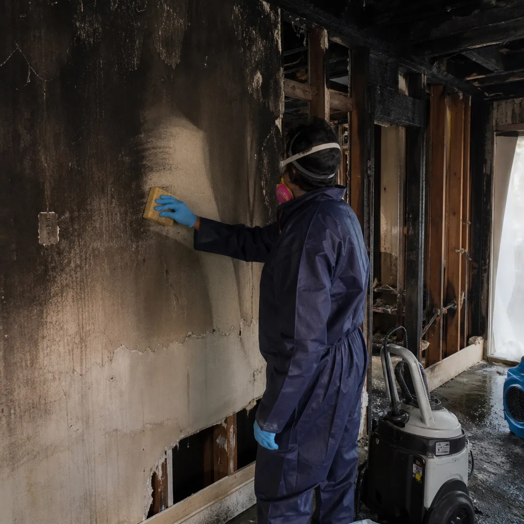 Professional cleaning soot from fire damaged wall with restoration sponge.