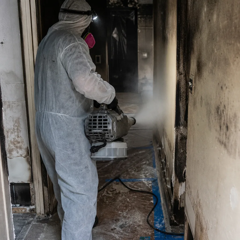 Technician in protective suit using fogger for fire smoke damage restoration