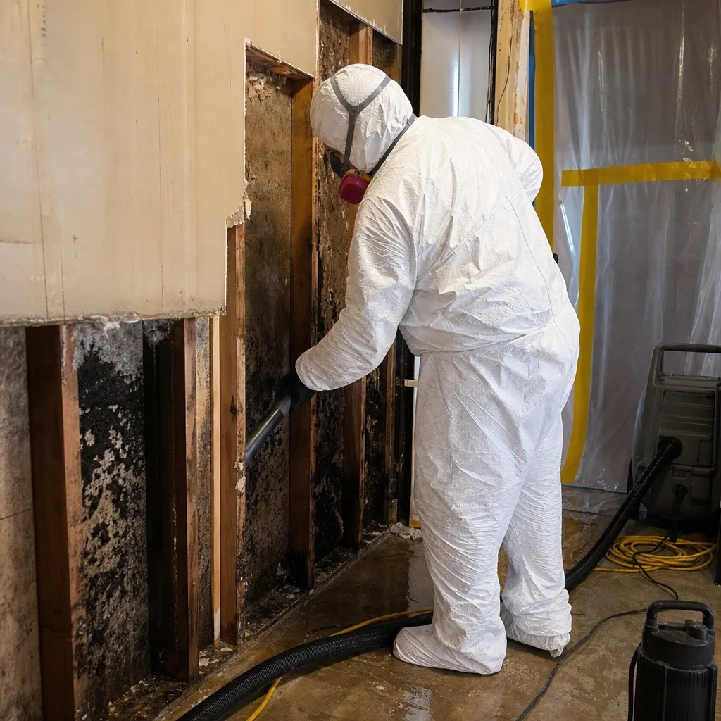 Professional mold remediation specialist cleaning mold from interior wall studs