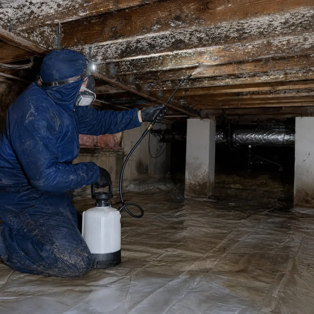 Technician in protective gear performing professional mold remediation in crawl space