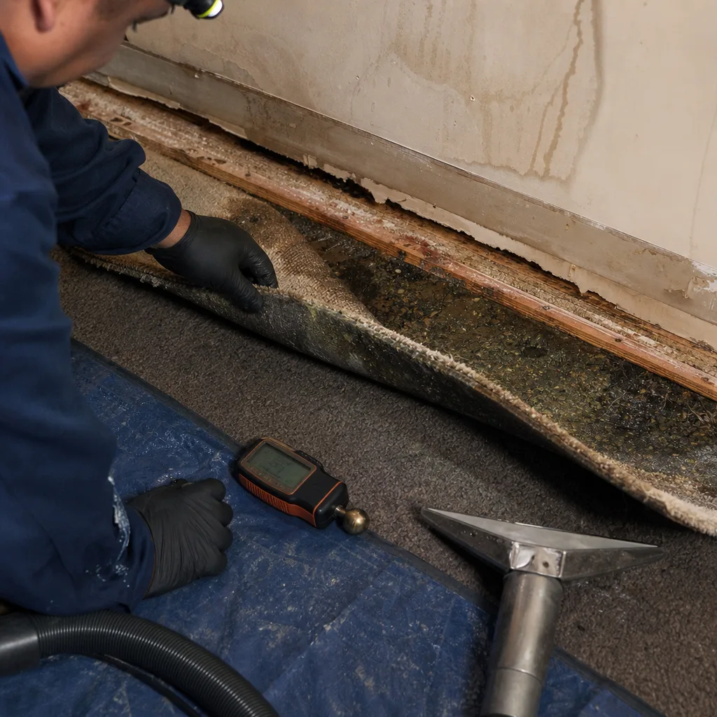 Technician using moisture meter on water-damaged carpet during professional restoration.
